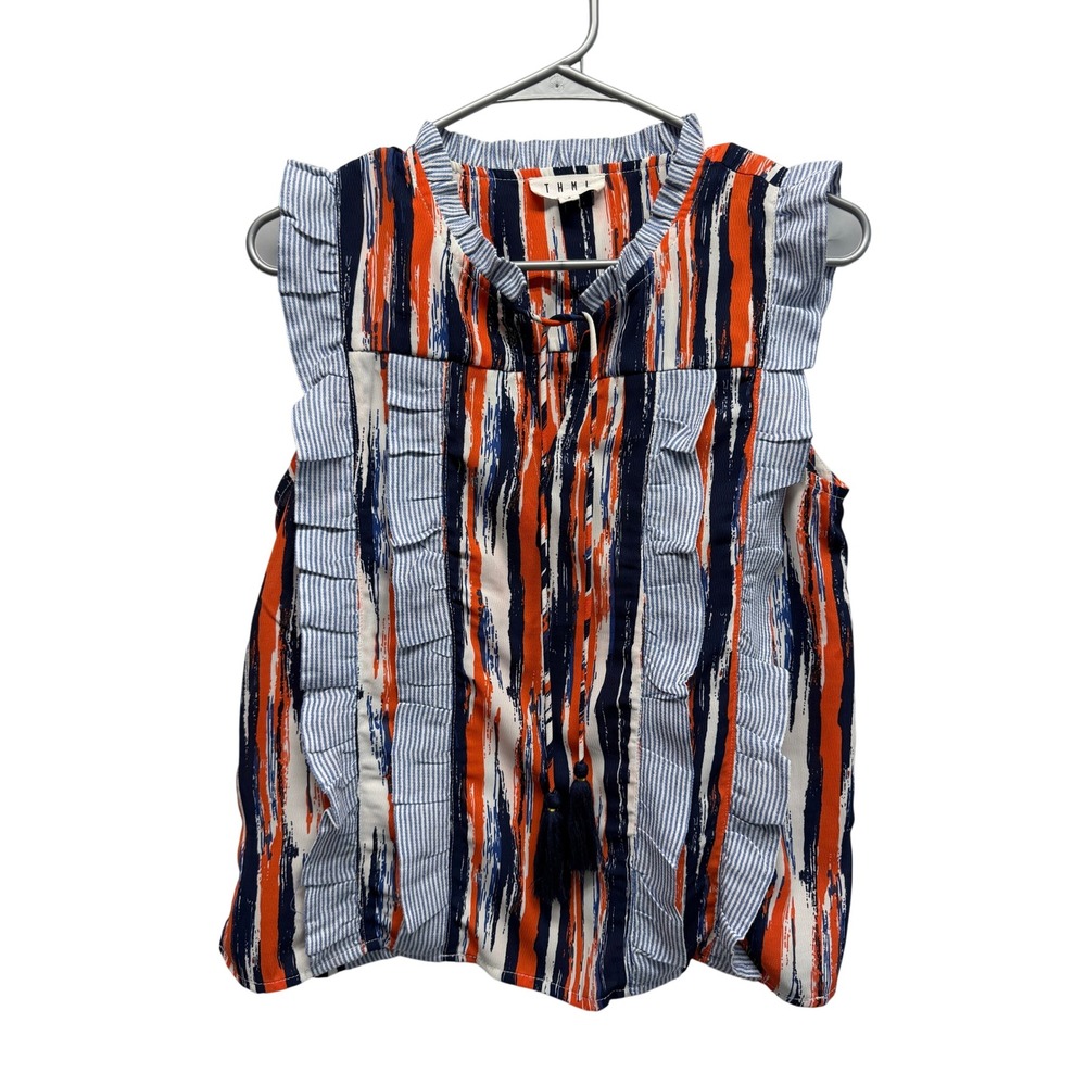 THML Blouse Ruffle Tassel Abstract Stripe S Orange Navy Womens